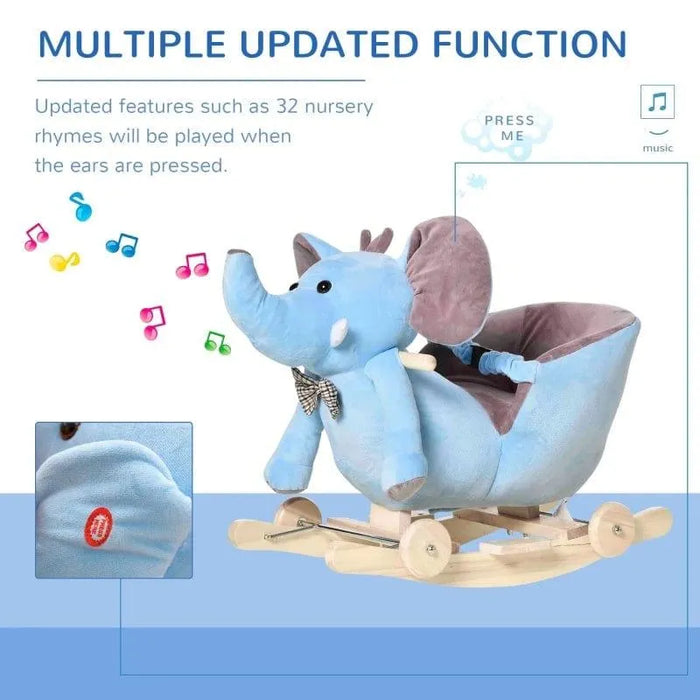 Blue plush elephant 2-in-1 rocking horse rocker with seat and music features for kids