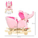 Pink plush rocking horse elephant on wooden base with wheels, product dimensions shown