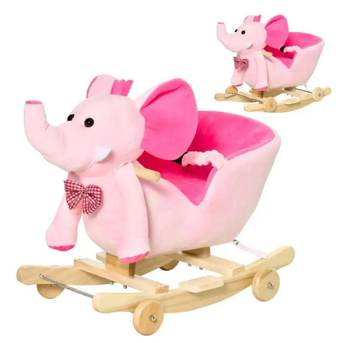 2-in-1 pink plush elephant rocking horse with wooden base and wheels for kids