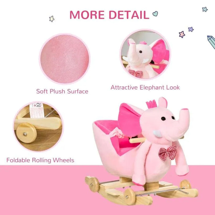 Pink plush elephant rocking horse with folding wheels and bow tie for kids
