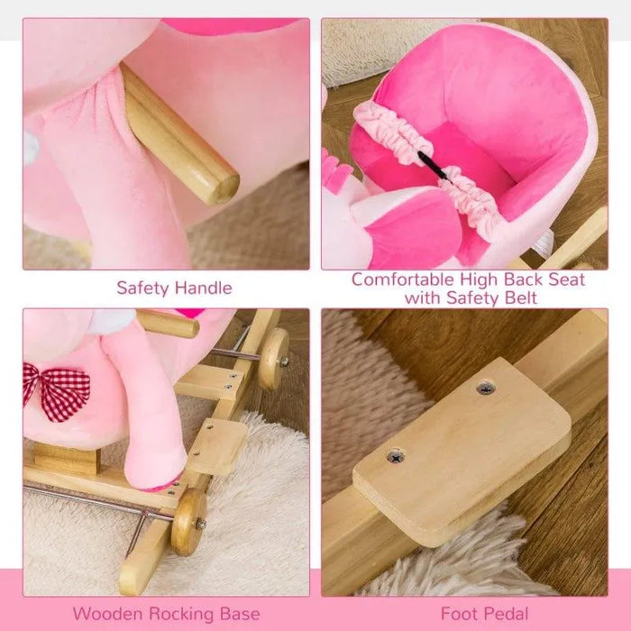 Pink plush elephant 2-in-1 rocking horse with safety handle, high back seat, wooden rocking base, and foot pedal.