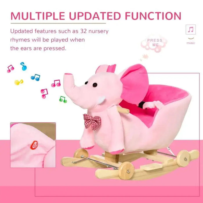 Pink plush elephant rocking horse for children with wooden base and red bow tie