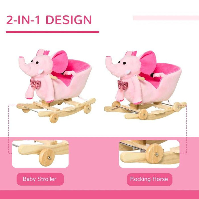 2-in-1 Rocking Ride-On Elephant with Wheels and 32 Nursery Rhymes in Pink - Little and Giant Explorers HOMCOM