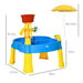 2-in-1 blue and yellow sand and water activity table with umbrella and dimensions shown