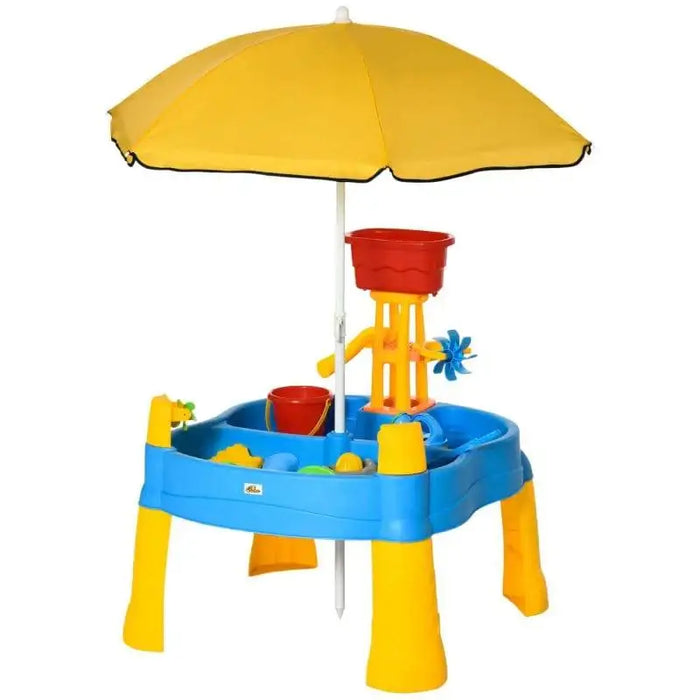 2-in-1 sand and water activity table with yellow umbrella, blue base, and sensory play accessories