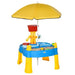 2-in-1 sand and water activity table with blue base, yellow legs, and a large yellow umbrella
