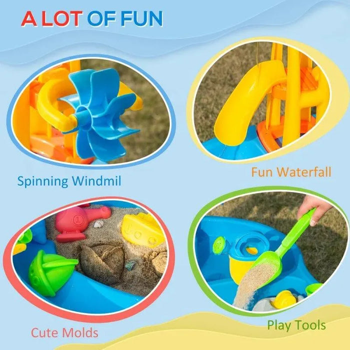 2-in-1 sand and water activity table with spinning windmill, waterfall, molds, and play tools.