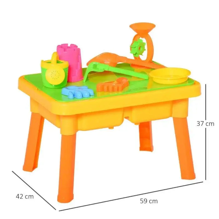 Colorful 2-in-1 sand and water sensory play table set with beach toys and dual compartments