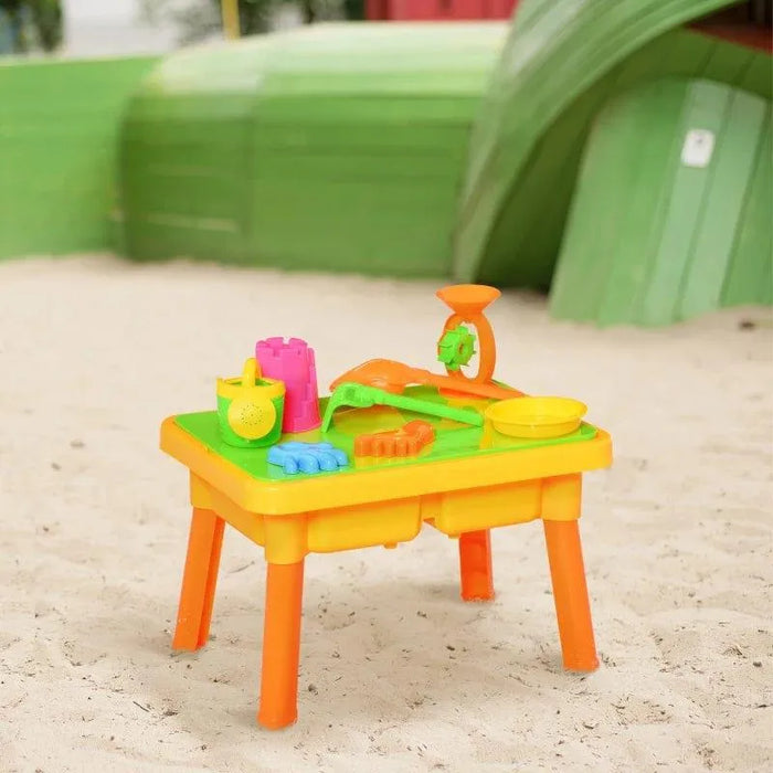 2-in-1 sand and water play table set with toys on sand, outdoor sensory activity
