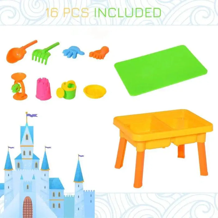 2-in-1 sand and water table play set with 16 colorful sensory toys and dual compartments