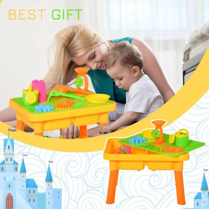 Toddler playing with mom at 2-in-1 sand and water table sensory play set, colorful toys