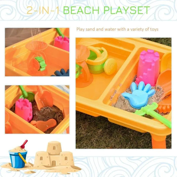 2-in-1 sand and water table playset with orange dual compartments, colorful beach toys, and sand.