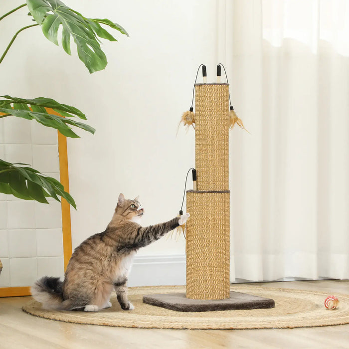 2-in-1 Cat Scratching Post Brown | Dual-Function with 3 Toy Feathers - Little and Giant Explorers PawHut
