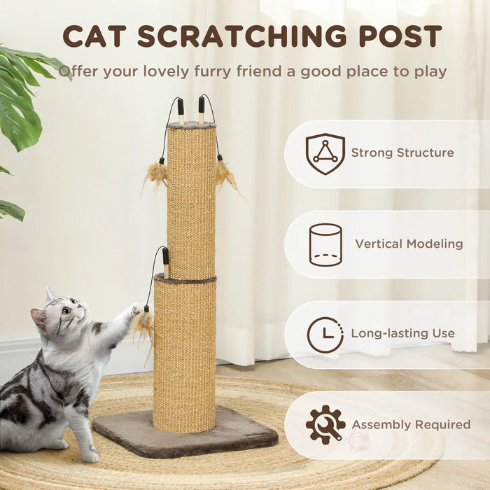 2-in-1 Cat Scratching Post Brown | Dual-Function with 3 Toy Feathers - Little and Giant Explorers PawHut