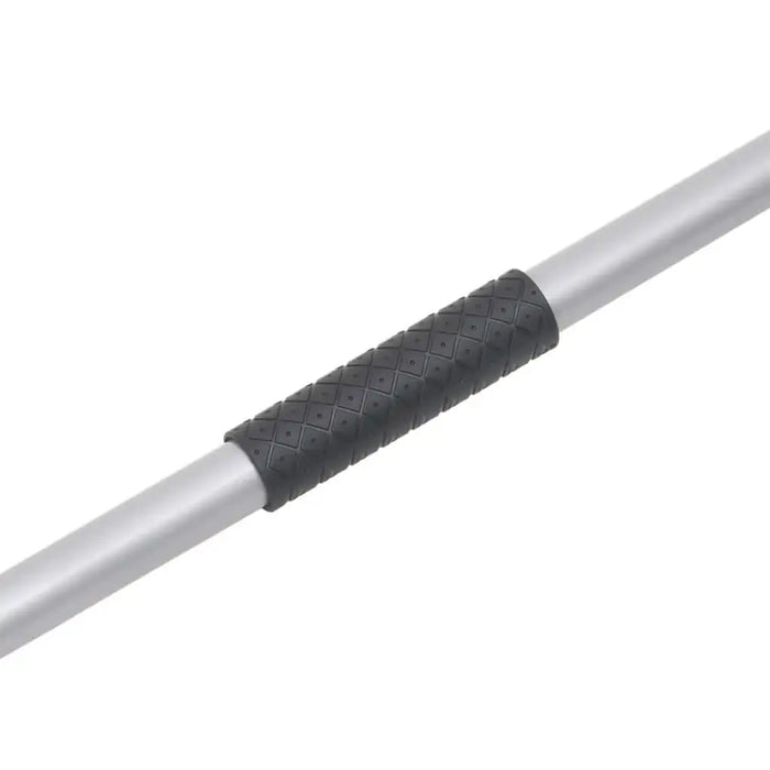 Close-up of a telescopic rake handle with textured black grip and silver shaft