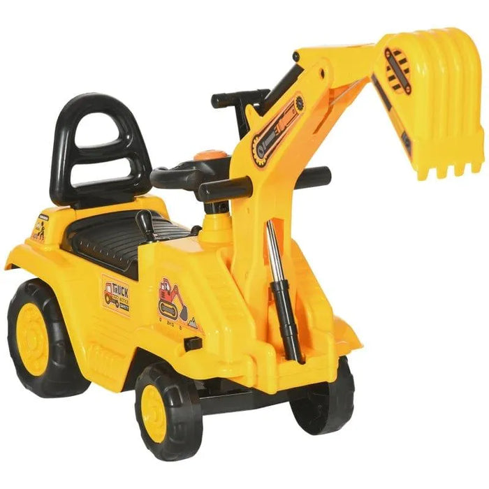 Yellow toddler ride-on tractor digger with black seat and working excavator bucket
