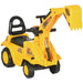 Yellow toddler ride-on tractor digger with black seat and working excavator bucket