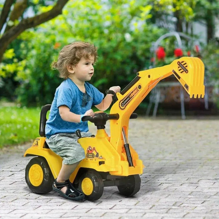 Toddler riding yellow 2-in-1 ride-on excavator tractor toy outdoors on paved path