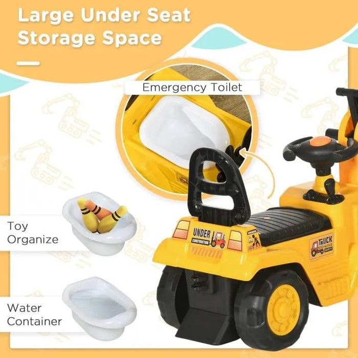 Yellow toddler ride-on tractor with under seat storage, toy organizer, and emergency toilet.