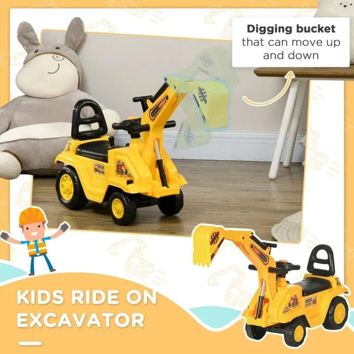 Yellow toddler ride-on excavator toy with digging bucket in a kids' playroom setting.