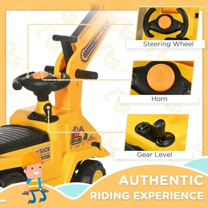 Yellow 2-in-1 toddler ride-on tractor digger with steering wheel, horn, and gear level.