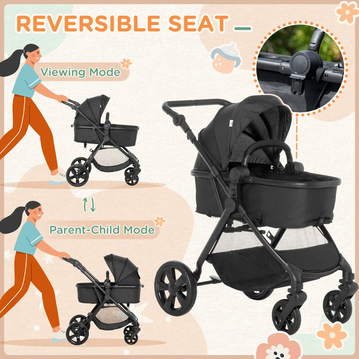 Black stroller with reversible seat feature, shown in viewing and parent-child modes.