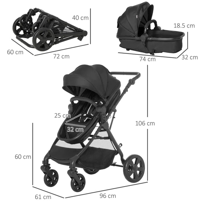 Black stroller with measurements on a white background