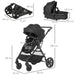 Black stroller with measurements on a white background