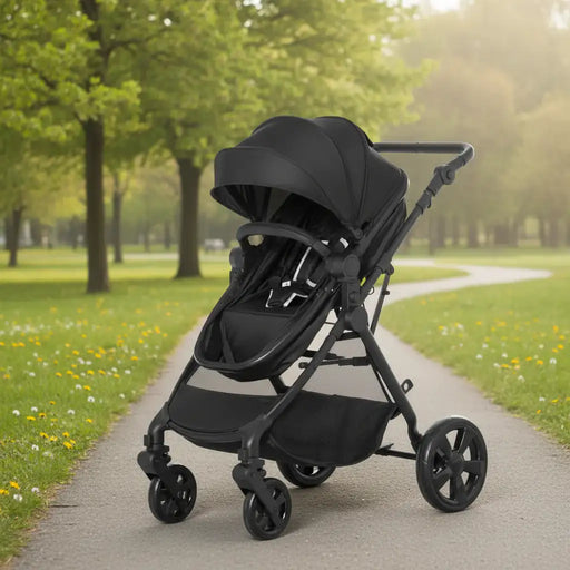 Black stroller on a paved path in a park with trees and grass in the background