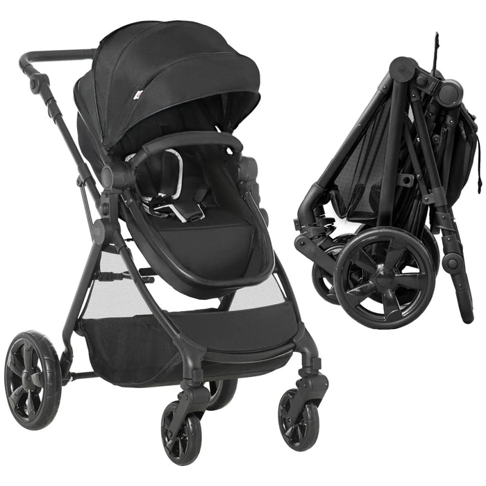 Black stroller shown in two views on a white background
