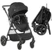 Black stroller shown in two views on a white background