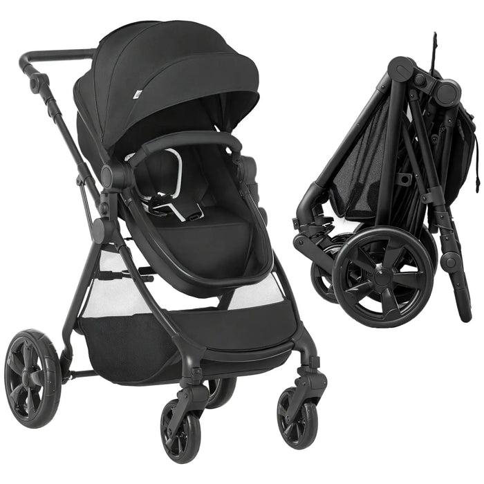 Black stroller shown in two views on a white background
