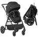 Black stroller shown in two views on a white background