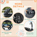 Baby stroller features with text labels on a decorative background