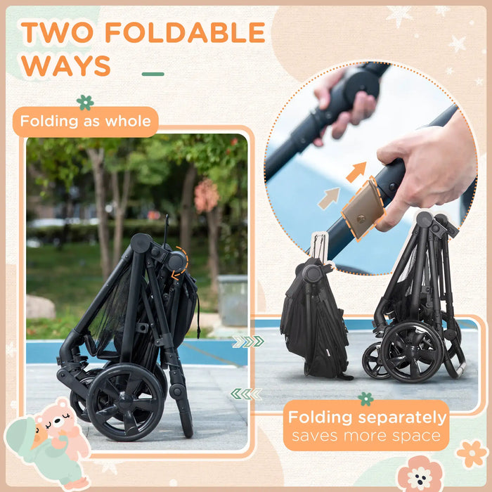 Foldable stroller with instructions on how to fold it, set against a scenic outdoor background.
