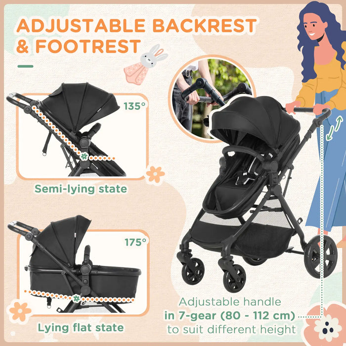 Black stroller with adjustable backrest and footrest features, including semi-lying and lying flat states, on a beige background.
