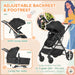 Black stroller with adjustable backrest and footrest features, including semi-lying and lying flat states, on a beige background.