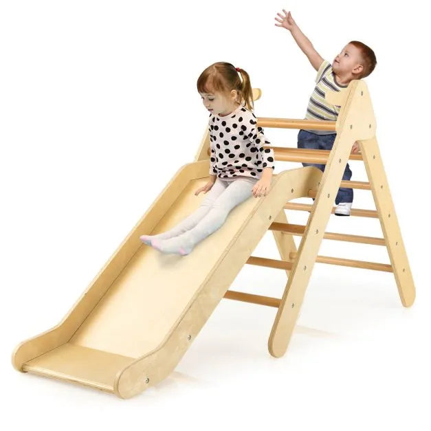 2-in-1 Wooden Climbing Frame with Gradient Adjustable Slide - Little and Giant Explorers Costway