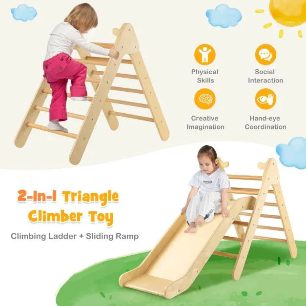 2-in-1 Wooden Climbing Frame with Gradient Adjustable Slide - Little and Giant Explorers Costway