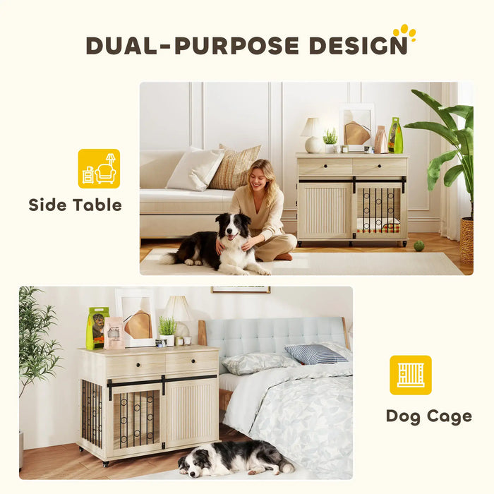 2-in-1 Wooden Dog Cage - Oak and Black | Drawers, Sliding Barn Door and Wheels PAWHUT - Little and Giant Explorers PawHut
