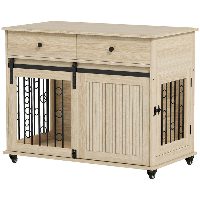 2-in-1 Wooden Dog Cage - Oak and Black | Drawers, Sliding Barn Door and Wheels PAWHUT - Little and Giant Explorers PawHut