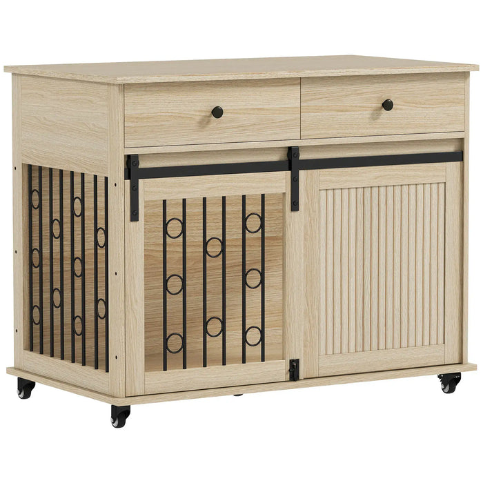 2-in-1 Wooden Dog Cage - Oak and Black | Drawers, Sliding Barn Door and Wheels PAWHUT - Little and Giant Explorers PawHut