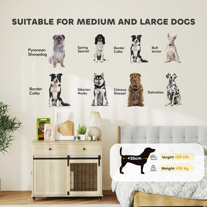 2-in-1 Wooden Dog Cage - Oak and Black | Drawers, Sliding Barn Door and Wheels PAWHUT - Little and Giant Explorers PawHut