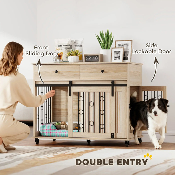 2-in-1 Wooden Dog Cage - Oak and Black | Drawers, Sliding Barn Door and Wheels PAWHUT - Little and Giant Explorers PawHut