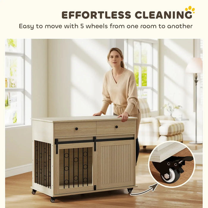 2-in-1 Wooden Dog Cage - Oak and Black | Drawers, Sliding Barn Door and Wheels PAWHUT - Little and Giant Explorers PawHut