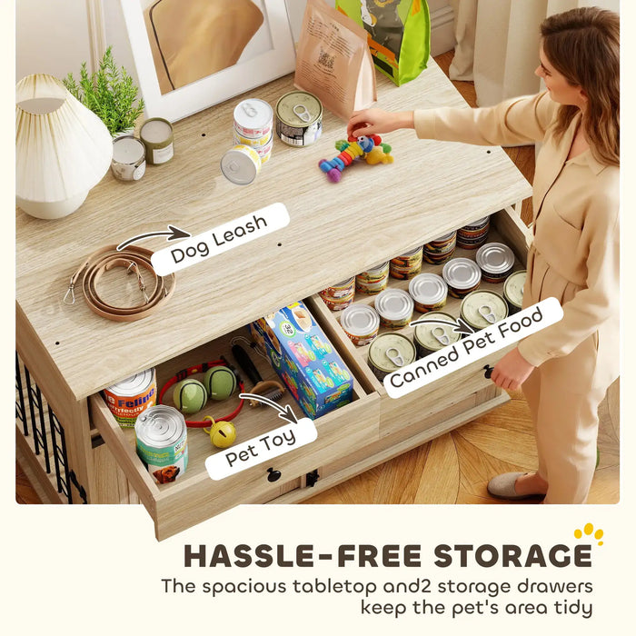 2-in-1 Wooden Dog Cage - Oak and Black | Drawers, Sliding Barn Door and Wheels PAWHUT - Little and Giant Explorers PawHut