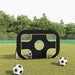 2-in-1 football goal net with black and yellow frame on grass field, three soccer balls