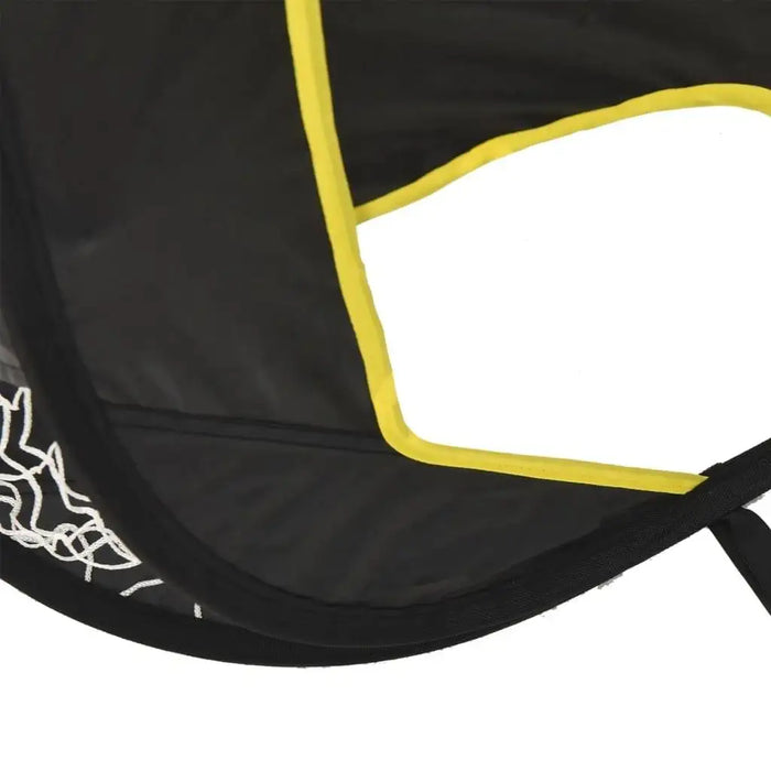 Close-up of black football goal net with yellow target border and white net detailing