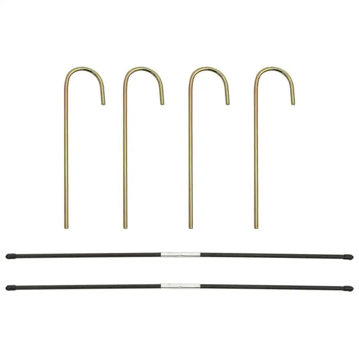 Football goal net accessories with four metal stakes and two black fibreglass rods on white.