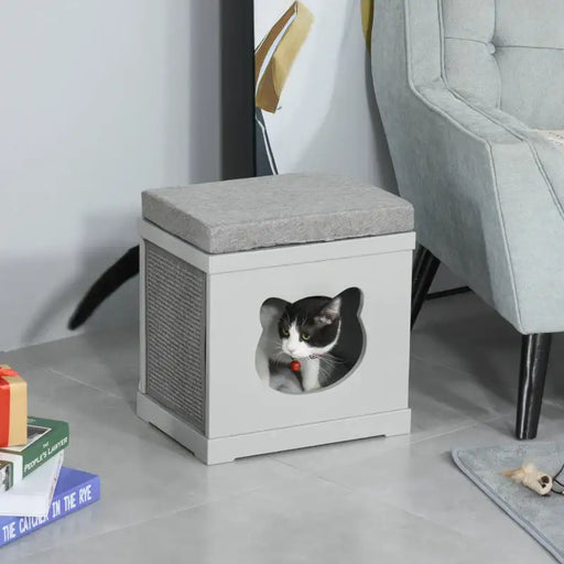 2-Level Cat House – Grey | Compact Cat Condo - Cushion, Sisal Scratching Pads and Hideaway Box PAWHUT - Little and Giant Explorers PawHut